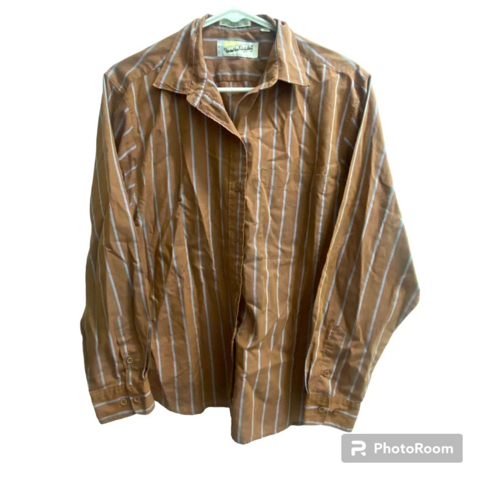 Vintage 80's Diane Von Furstenberg Brown Striped Button Down Blouse Women's 14‎